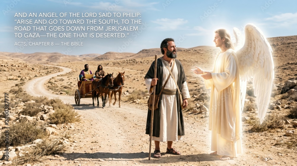 Fototapeta premium Angel speaking to Philip the Evangelist in the desert for the journey toward Gaza. Bible scene from the Acts of the Apostles showing a man meeting a divine messenger on a dusty road.
