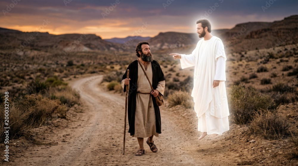 Obraz premium Apostle Philip walking on a desert road meets an angel. Biblical scene from Acts 8 where a man is guided by a divine messenger. Religious illustration of spiritual divine direction.