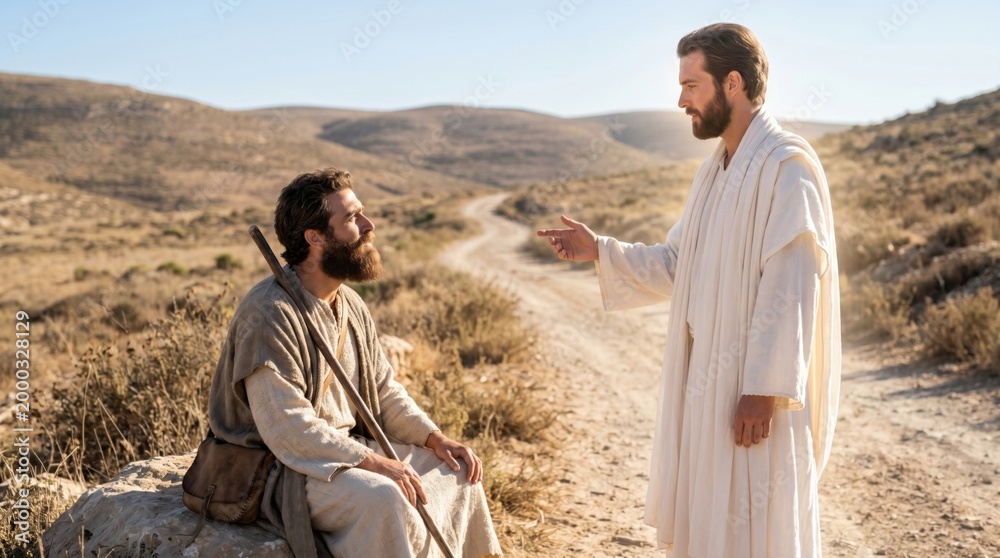 Fototapeta premium Angel appearing to Philip in desert to direct him on road toward Gaza. Biblical scene from Acts regarding evangelism and guidance. Religious encounter in scripture, spiritual meeting.