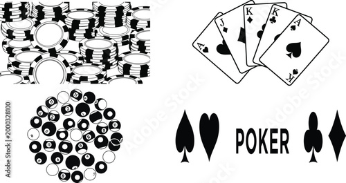 Black and white sketch compilation playing cards spades hearts and a circular pattern