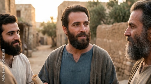 Biblical apostles speaking in ancient town street. Philip evangelist teaching group of men about gospel. Religious historical scene from Acts 8. Spiritual education and cultural tradition.