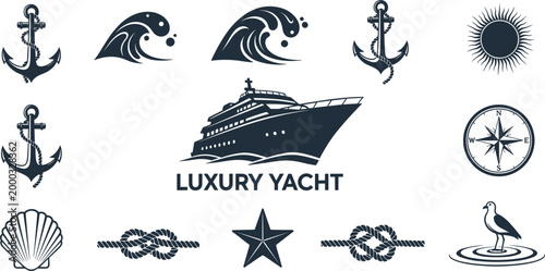Luxury Yacht Nautical Marine Silhouette Elements Set Isolated on White Background