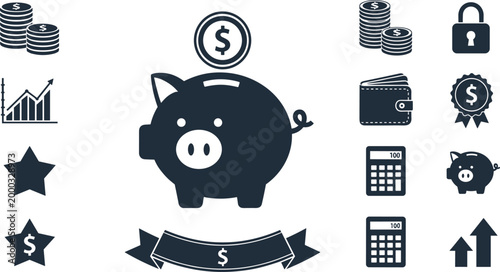 Piggy Bank Finance Saving Silhouette Elements Set Isolated on White Background