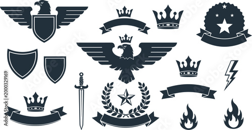 Royal Heraldic Eagle Badge Silhouette Elements Set Isolated on White Background