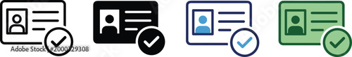 Digital identity verification vector icon set with ID card and check mark symbols in black, blue and green flat style, editable KYC authentication icons for security apps and online onboarding design