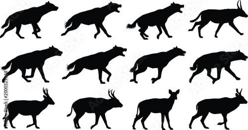 Wild hyena and antelope silhouettes set, african wildlife scavenger and herbivore icons, safari animal predator and prey vectors, savanna fauna collection for design.