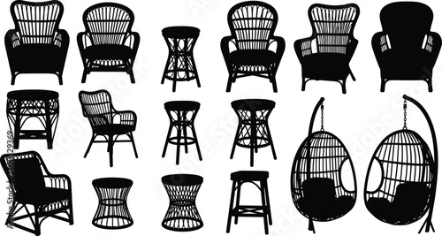 Wicker furniture silhouette set featuring rattan chairs hanging egg swings and woven side tables for patio garden decor interior design and tropical lifestyle