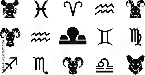 Zodiac signs silhouettes set featuring astrological symbols, horoscope icons, mystical constellations, celestial astrology graphics, star sign elements, ageometric spiritual occult emblems for design.