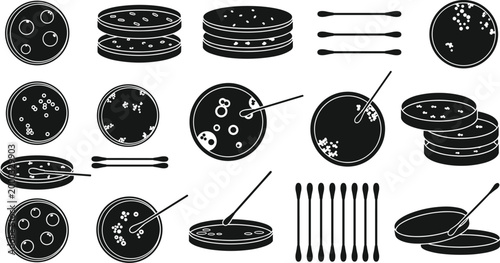 Petri Dish Silhouette Set for Science Experiment, Laboratory Microbiology Icons of Bacterial Culture with Swab Sticks, Medical Research Vector Graphics, Biology Education Illustration