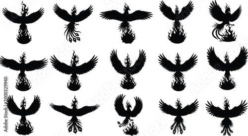 Phoenix, bird, icons, set, featuring, fire, mythical, creatures, silhouettes, collection, rebirth, flame, fantasy, symbols, legendary, eagle, elements, vector, illustration, graphic, isolated, design.