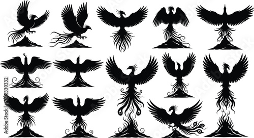 Phoenix, bird, silhouette, set, featuring, mythical, fire, creatures, in, various, flying, poses, isolated, on, white, background, for, logo, and, graphic, design, elements.