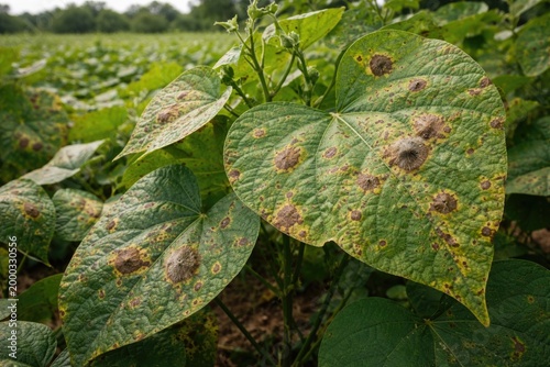 Lablab bean plant leaves with visible fungal leaf spot lesions in field