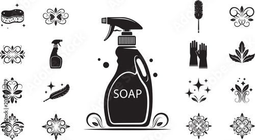 Black cleaning spray bottle sponge duster gloves and decorative ornaments soap