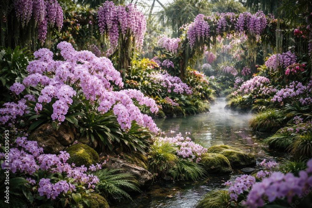 Obraz premium Orchid exhibit with lavender flowers thriving in a detailed garden scene