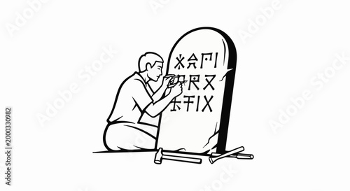 Person carving symbols on a stone tablet with tools