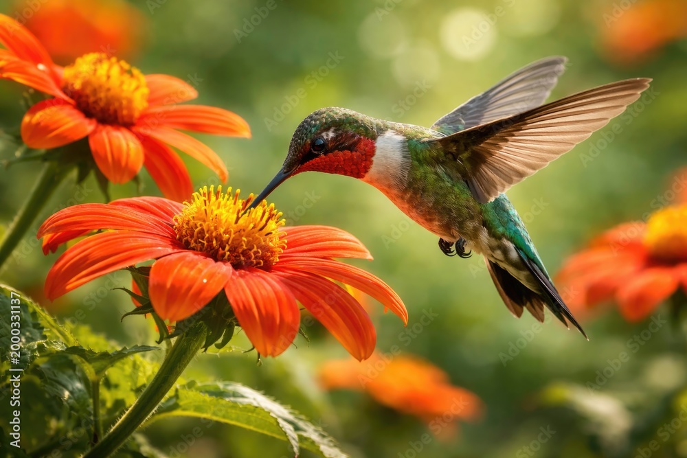 Fototapeta premium Energetic hummingbird enjoying nectar from vivid Mexican sunflower flowers