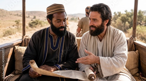Biblical scene of Philip the evangelist teaching the Ethiopian eunuch reading a scroll in a desert chariot. Ancient scripture study, historical encounter from Acts for religious art.