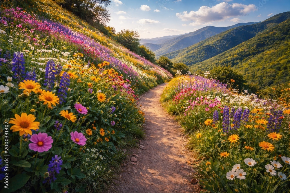 Obraz premium Vibrant spring flowers flourishing along a scenic hiking path with lush hillside views
