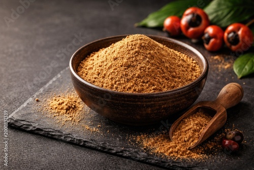 Close up of guarana powdered natural supplement in a cup set on a matte slate surface with copy space