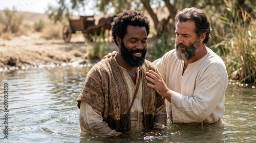 Philip apostle baptizing Ethiopian eunuch in river. Biblical scene from Acts of Apostles. Prophet performing baptism ritual for treasurer of Kandake queen. Ancient historical religious event.