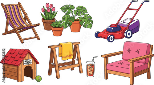 Outdoor garden furniture and objects set deck chair potted plants lawn mower wooden chair dog house summer backyard vector illustration