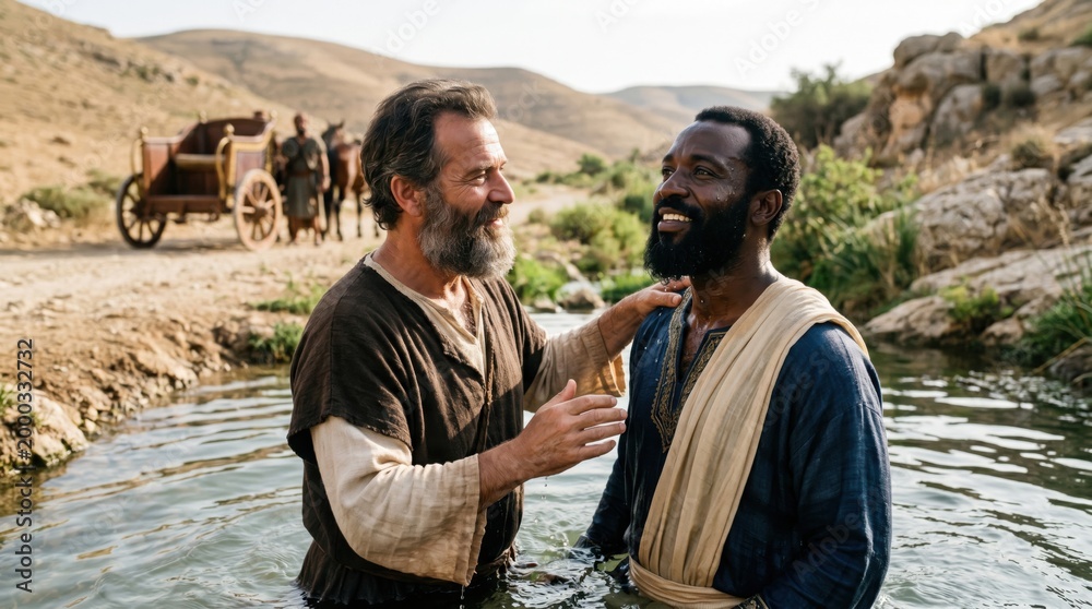 Fototapeta premium Philip the Evangelist baptizing the Ethiopian eunuch in a desert stream. Biblical scene from Acts 8 depicting the conversion and baptism of the treasurer of Queen Candace.