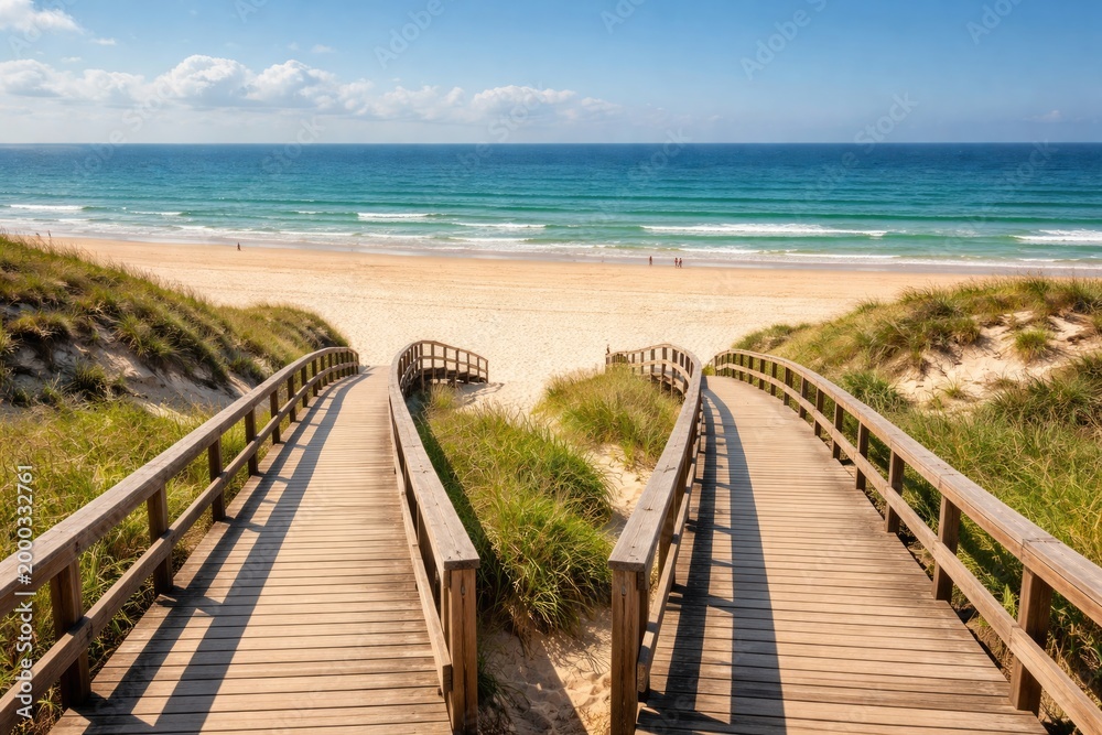 Fototapeta premium Elevated view of two wooden pathways branching out to a broad sand beach with sea and sky backdrop