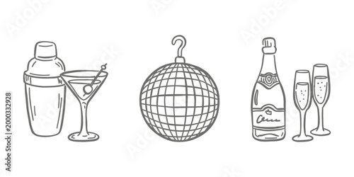 Minimalist party line art set featuring a cocktail shaker with martini, a sparkling disco ball, and a champagne bottle with two glasses. Perfect for festive invitations and modern event branding.