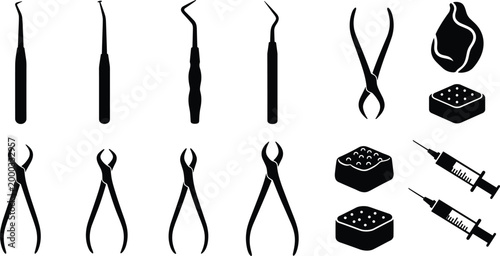 Professional dental tools set featuring stainless steel extractors, syringes, surgical forceps, mouth mirrors, periodontal probes, and oral hygiene equipment icons for dentistry healthcare.