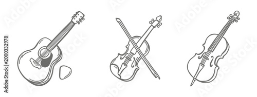 Musical string instruments line art set featuring an acoustic guitar with a pick, a violin with a bow, and a cello. Elegant minimalist design for music schools, concerts, and artistic branding.