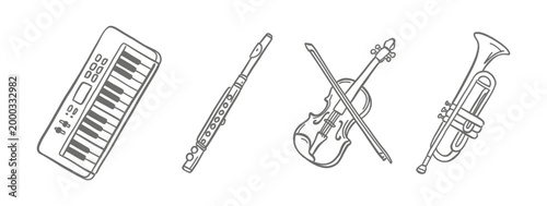 Musical instrument line art set featuring a synthesizer keyboard, flute, violin with bow, and trumpet. Minimalist black and white icons for music schools, concerts, and artistic branding.
