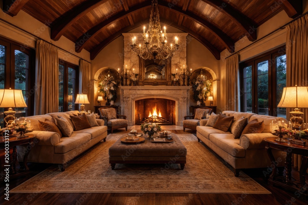 Obraz premium Opulent living room interior with vaulted ceiling and fire glowing in fireplace