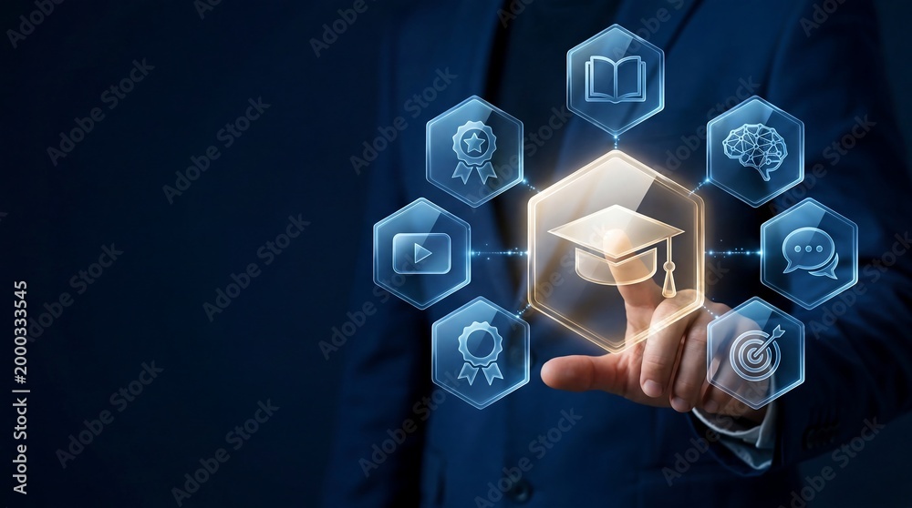 Obraz premium Professional businessman touching glowing digital education interface with gold icons