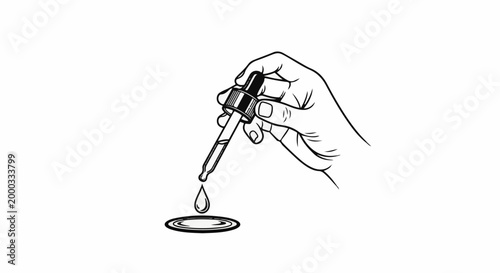 Hand holding dropper with liquid drop falling onto a surface