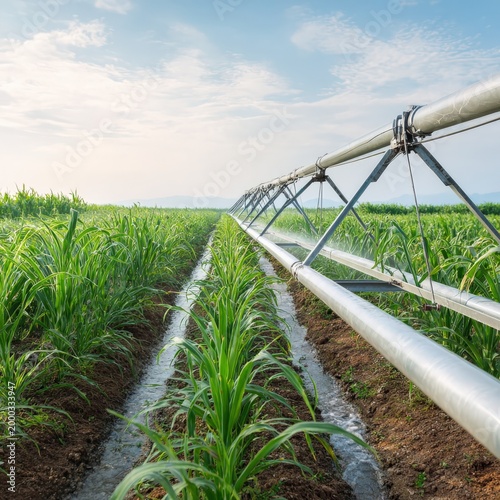 Irrigation system in sugarcane field under clear sky