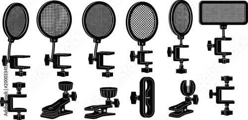 Professional microphone pop filter set with adjustable gooseneck arms and desk clamps for studio recording, podcasting, broadcasting, and high quality audio vocal isolation.