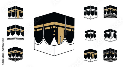 A set of vector illustrations depicting the Kaaba, the sacred mosque in Mecca central to the Hajj pilgrimage, presented in various angles and minimalist designs against a stark white