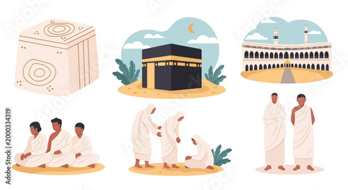A flat illustration showcasing diverse pilgrims in white robes, performing the Hajj rituals around the Kaaba and other sacred sites, set against a clean white background with soft, pastel