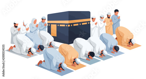 A group of Muslim pilgrims are depicted in a flat vector illustration, kneeling and praying on mats towards the Kaaba during hajj, set against a clean white background with soft, muted