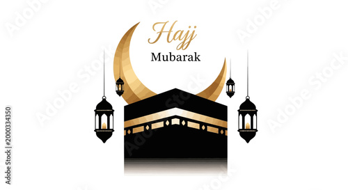 Illustrated graphic depicting the Kaaba with a crescent moon in gold against a white background, designed in a minimalist style to commemorate the hajj pilgrimage with elegant, decorative