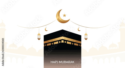A minimalist illustration depicts the Kaaba during hajj season, set against a clean white background with warm, golden accents highlighting the crescent moon and the structure's details