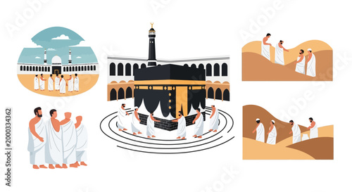Flat vector illustration showing the Hajj pilgrimage, with Muslims circumambulating the Kaaba in Mecca, Saudi Arabia, against a white background, depicting various rituals in a minimalist
