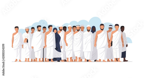 A group of Muslim pilgrims dressed in white ihram, undertaking the Hajj pilgrimage, are depicted in a flat vector illustration against a soft blue and white background, conveying a sense