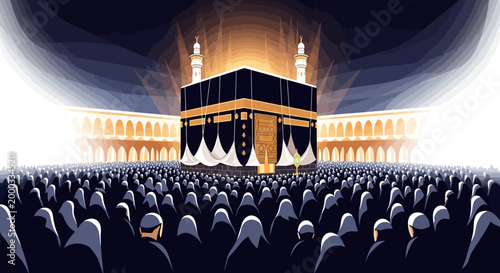 A large crowd of pilgrims gathers for Hajj at the Kaaba in Mecca, a wide shot with a dramatic, glowing effect highlighting the holy site against a dark sky during the religious pilgrimage