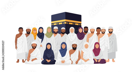 An illustration shows a diverse group of pilgrims in white garments standing in front of the Kaaba during hajj, depicted in a simple, flat style with a clean white background and soft