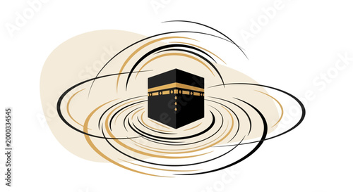 Stylized vector illustration of the Kaaba, a central part of the hajj pilgrimage, depicted with swirling lines against a clean white background, conveying a spiritual and contemplative mood