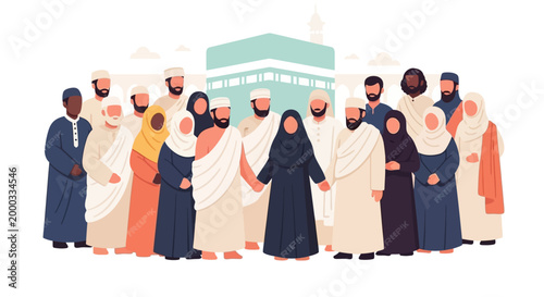 Pilgrims in white ihram clothing stand together in a group during hajj, holding hands in front of the Kaaba in Mecca, Saudi Arabia, in a flat vector illustration against a clean, bright