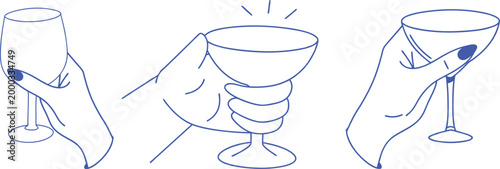 Hands holding cocktail glasses in elegant toast line illustration. Celebration drink concept ideal for party themes bar branding and social gathering designs. Clean modern vector style.