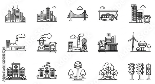 Collection of City Buildings and Infrastructure Icons.