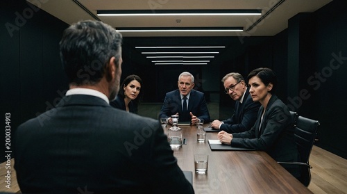 Tense corporate meeting with executives in a modern dark boardroom